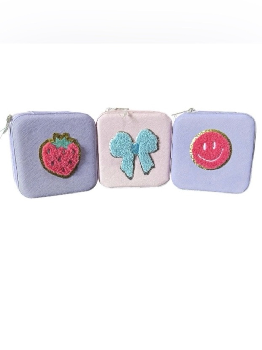 Mini Jewelry Boxes Lot Of 3 Zip Around Travel Case Embroidered Strawberry Bow